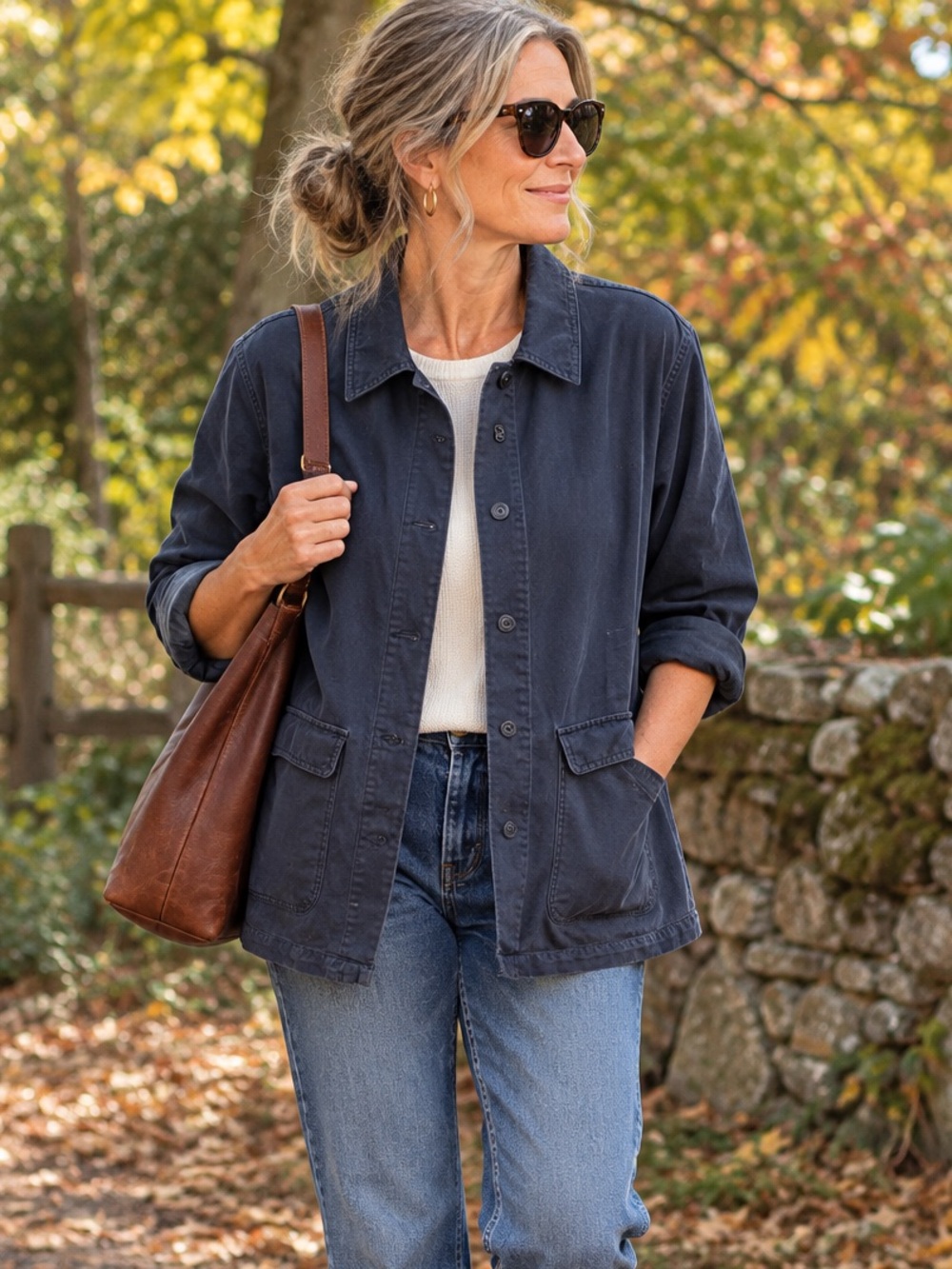 LL Bean Navy Blue Tencel Cotton Chore Barn Jacket Coat Utility Retro  Size 18